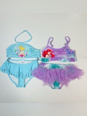 2 set of Disney Blue Tinker Bell & Purple Ariel Girls Two-Piece Swim Sets